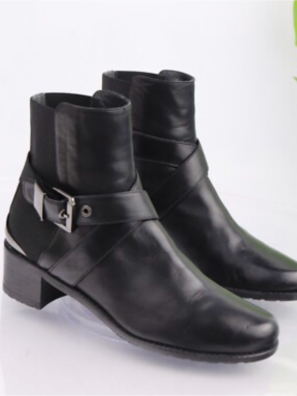 Stuart Weitzman Black Leather Ankle Boots with Buckle Strap - Women